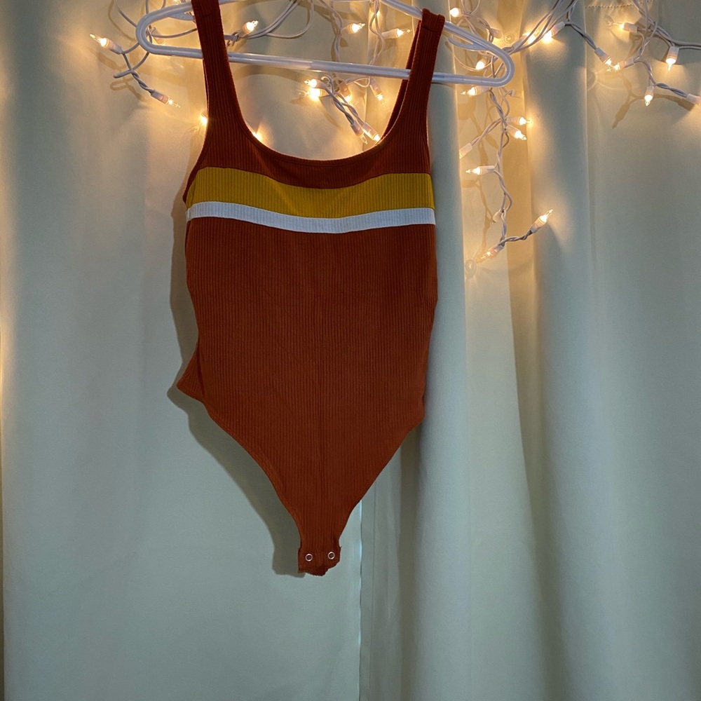 Kids One Piece in Rust with Yellow and White Stripes
